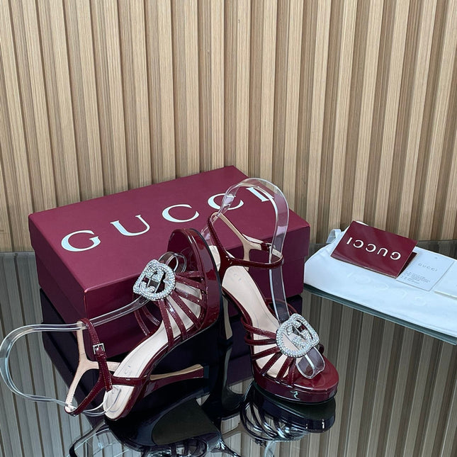 GUCCI 26S HIGH-HEELED SANDALS 125 MM IN DARK RED CALFSKIN