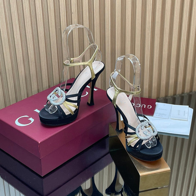 GUCCI 26S HIGH-HEELED SANDALS 125 MM IN BLACK SATIN AND GOLD CALFSKIN