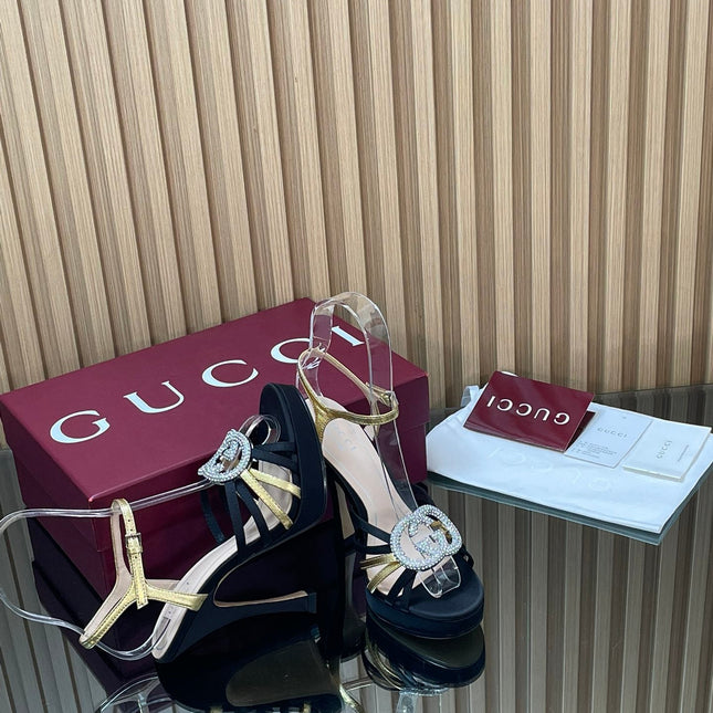 GUCCI 26S HIGH-HEELED SANDALS 125 MM IN BLACK SATIN AND GOLD CALFSKIN
