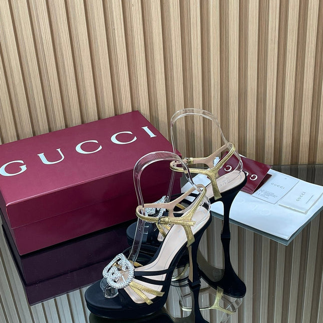 GUCCI 26S HIGH-HEELED SANDALS 125 MM IN BLACK SATIN AND GOLD CALFSKIN