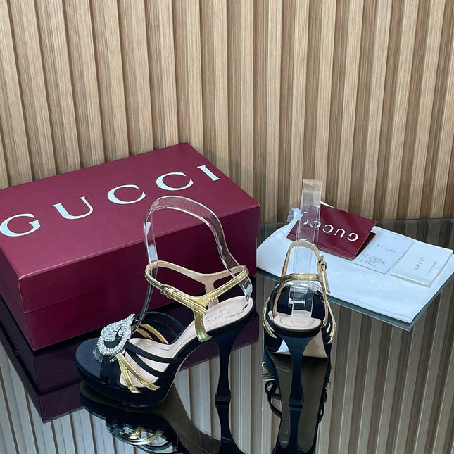 GUCCI 26S HIGH-HEELED SANDALS 125 MM IN BLACK SATIN AND GOLD CALFSKIN