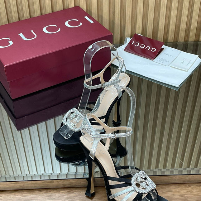 GUCCI 26S HIGH-HEELED SANDALS 125 MM IN BLACK SATIN AND SILVER CALFSKIN