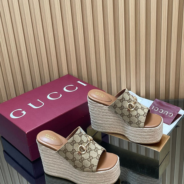 GUCCI 26S WEDGE SANDALS 110 MM IN BEIGE CANVAS GG MONOGRAM