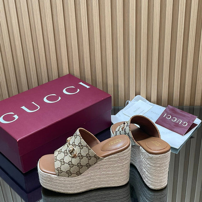 GUCCI 26S WEDGE SANDALS 110 MM IN BEIGE CANVAS GG MONOGRAM