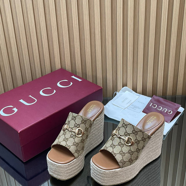 GUCCI 26S WEDGE SANDALS 110 MM IN BEIGE CANVAS GG MONOGRAM