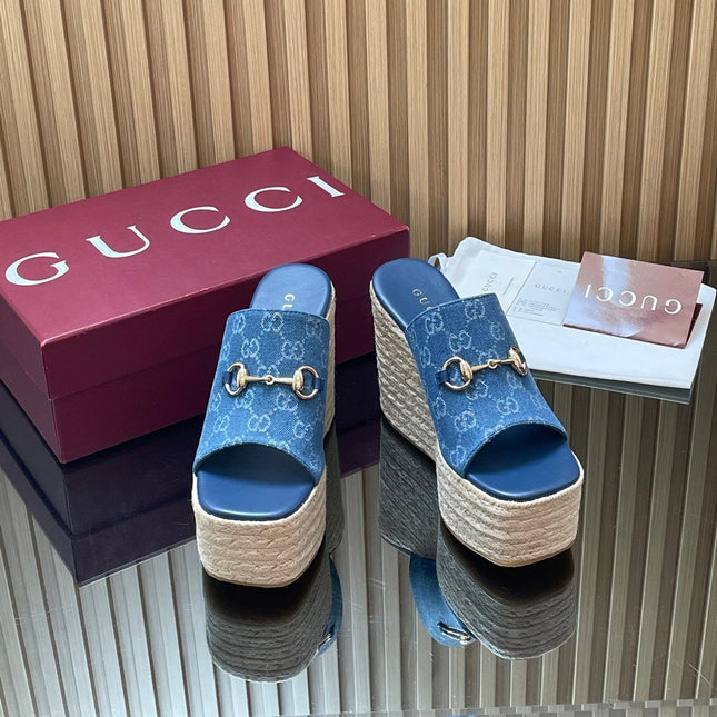 GUCCI 26S WEDGE SANDALS 110 MM IN BLUE CANVAS GG MONOGRAM