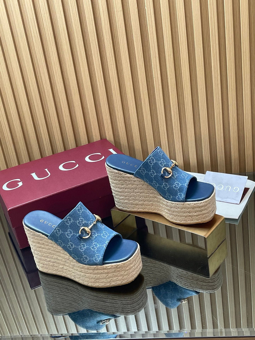 GUCCI 26S WEDGE SANDALS 110 MM IN BLUE CANVAS GG MONOGRAM