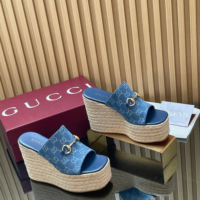 GUCCI 26S WEDGE SANDALS 110 MM IN BLUE CANVAS GG MONOGRAM