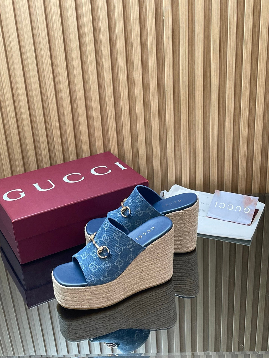 GUCCI 26S WEDGE SANDALS 110 MM IN BLUE CANVAS GG MONOGRAM