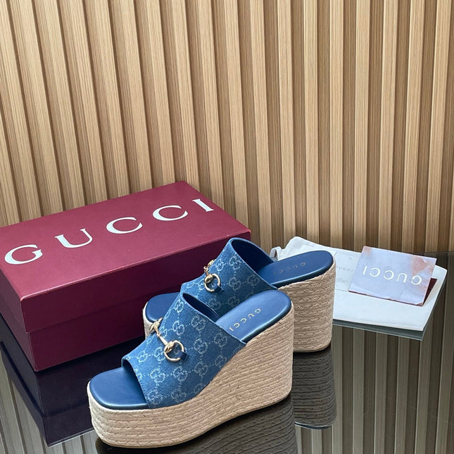 GUCCI 26S WEDGE SANDALS 110 MM IN BLUE CANVAS GG MONOGRAM