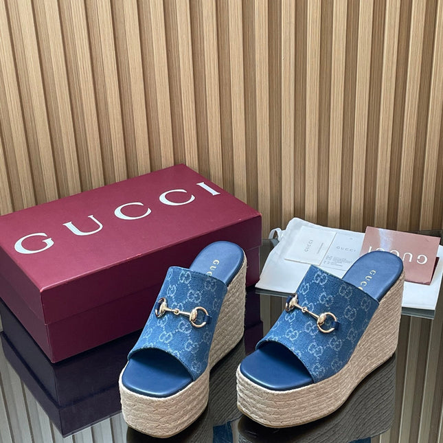 GUCCI 26S WEDGE SANDALS 110 MM IN BLUE CANVAS GG MONOGRAM