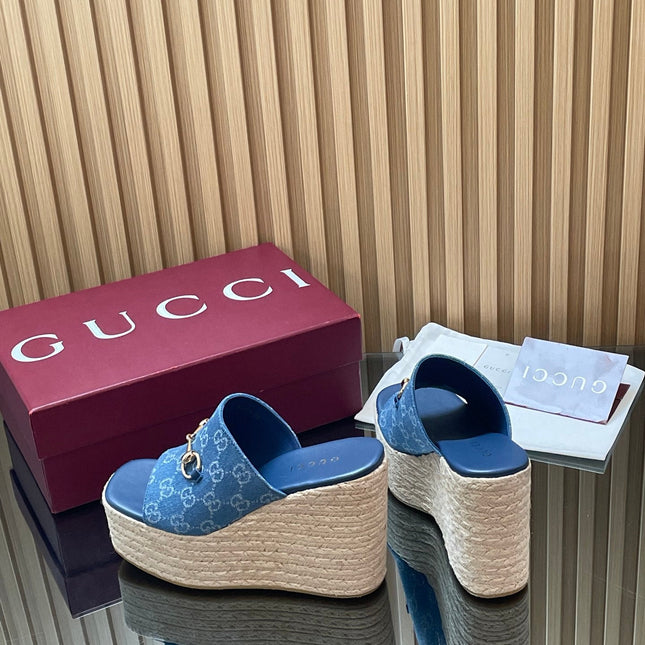 GUCCI 26S WEDGE SANDALS 110 MM IN BLUE CANVAS GG MONOGRAM