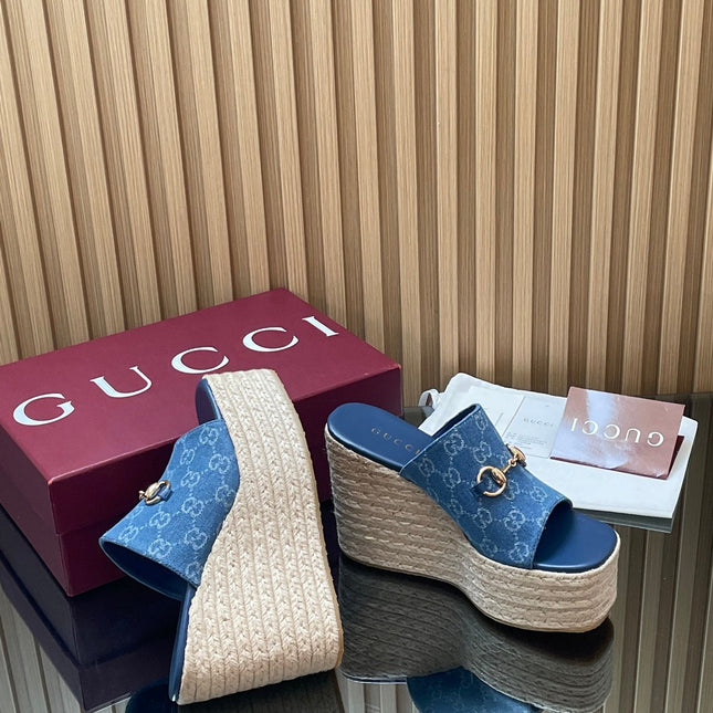 GUCCI 26S WEDGE SANDALS 110 MM IN BLUE CANVAS GG MONOGRAM