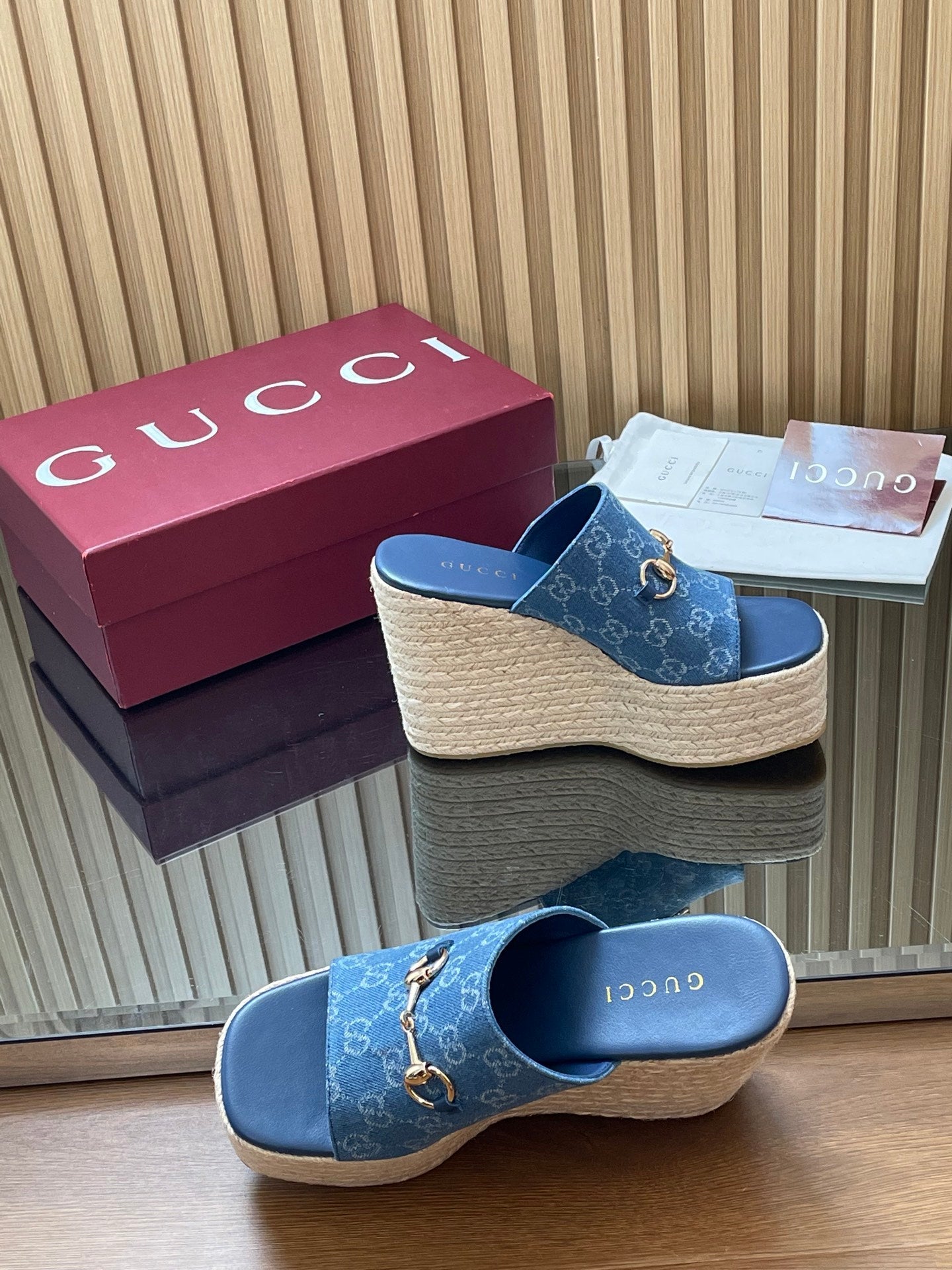 GUCCI 26S WEDGE SANDALS 110 MM IN BLUE CANVAS GG MONOGRAM