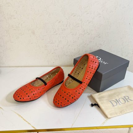 DIOR 26S MARY JANE FLATS IN CORAL RED CALFSKIN