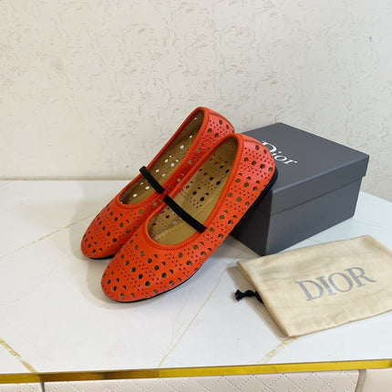 DIOR 26S MARY JANE FLATS IN CORAL RED CALFSKIN