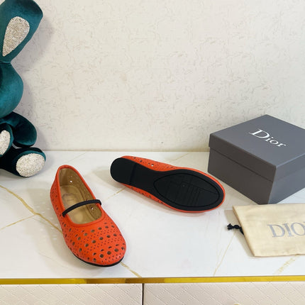 DIOR 26S MARY JANE FLATS IN CORAL RED CALFSKIN