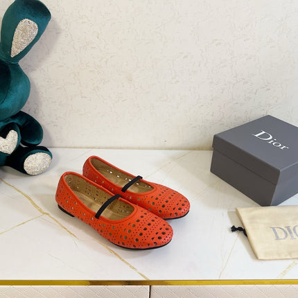 DIOR 26S MARY JANE FLATS IN CORAL RED CALFSKIN