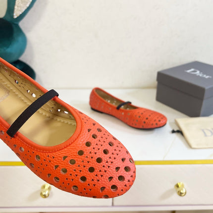 DIOR 26S MARY JANE FLATS IN CORAL RED CALFSKIN