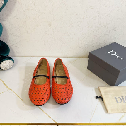 DIOR 26S MARY JANE FLATS IN CORAL RED CALFSKIN
