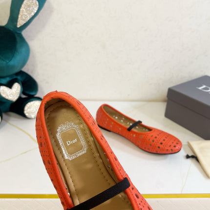 DIOR 26S MARY JANE FLATS IN CORAL RED CALFSKIN
