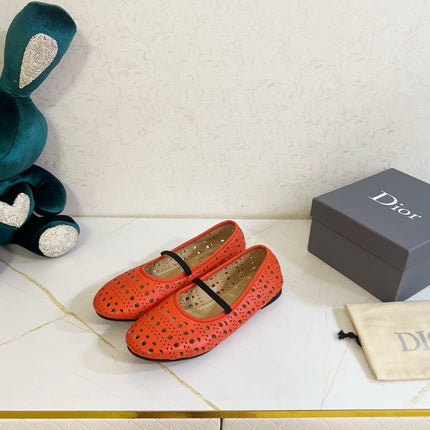 DIOR 26S MARY JANE FLATS IN CORAL RED CALFSKIN