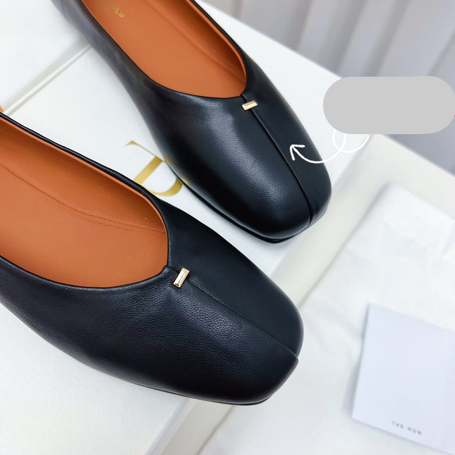 THE ROW 26S SQUARE TOE BALLET FLATS IN BLACK CALFSKIN