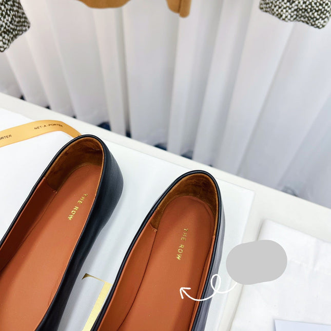 THE ROW 26S SQUARE TOE BALLET FLATS IN BLACK CALFSKIN