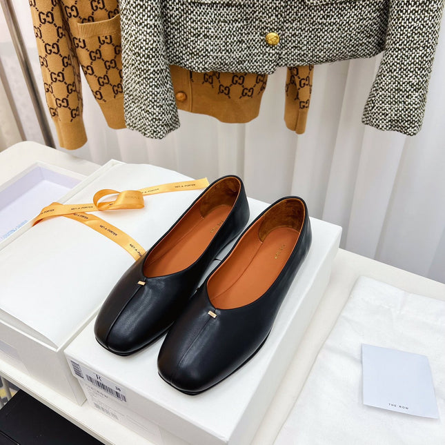 THE ROW 26S SQUARE TOE BALLET FLATS IN BLACK CALFSKIN