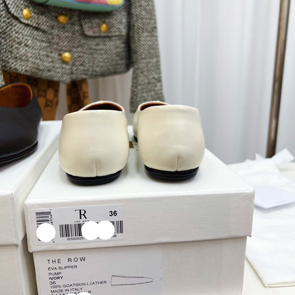 THE ROW 26S SQUARE TOE BALLET FLATS IN IVORY WHITE CALFSKIN