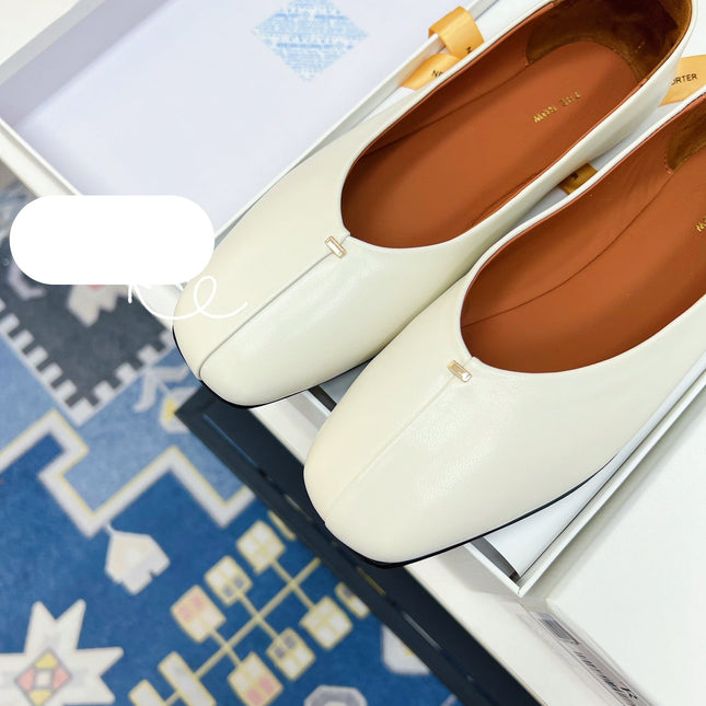 THE ROW 26S SQUARE TOE BALLET FLATS IN IVORY WHITE CALFSKIN
