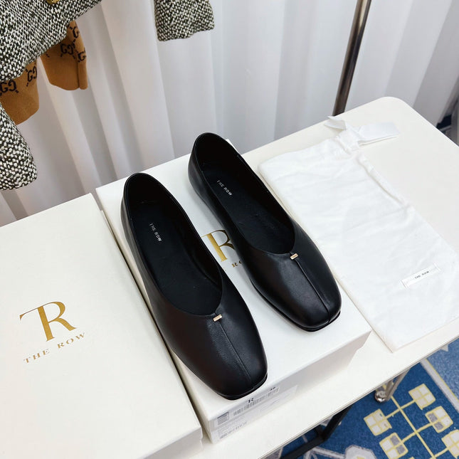 THE ROW 26S SQUARE TOE BALLET FLATS IN FULL BLACK CALFSKIN