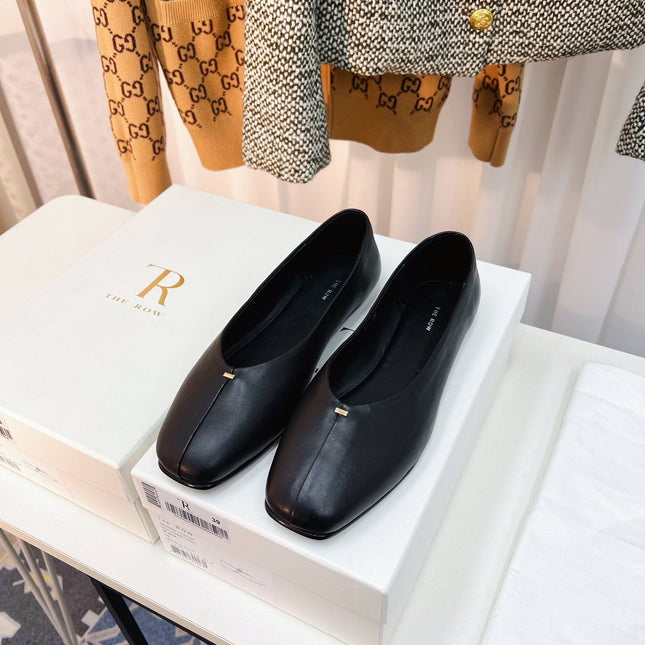 THE ROW 26S SQUARE TOE BALLET FLATS IN FULL BLACK CALFSKIN