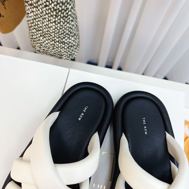 THE ROW 26S CROSSED PADDED SLIDES IN WHITE CALFSKIN