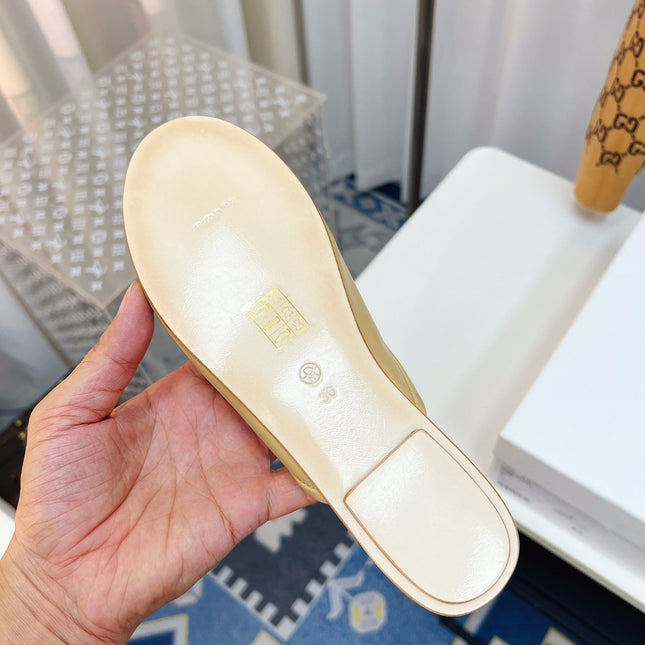 THE ROW 26S ROUND TOE MULES IN BEIGE CALFSKIN