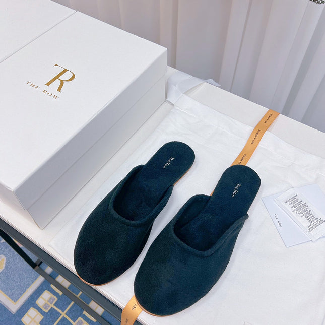 THE ROW 26S ROUND TOE MULES IN NAVY BLUE SUEDE