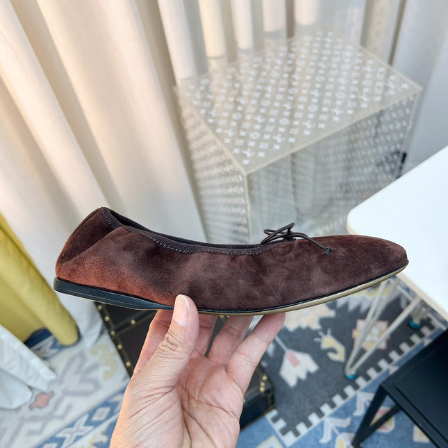 THE ROW 26S BALLET FLATS IN DARK BROWN SUEDE ELASTIC TRIM WITH BOW