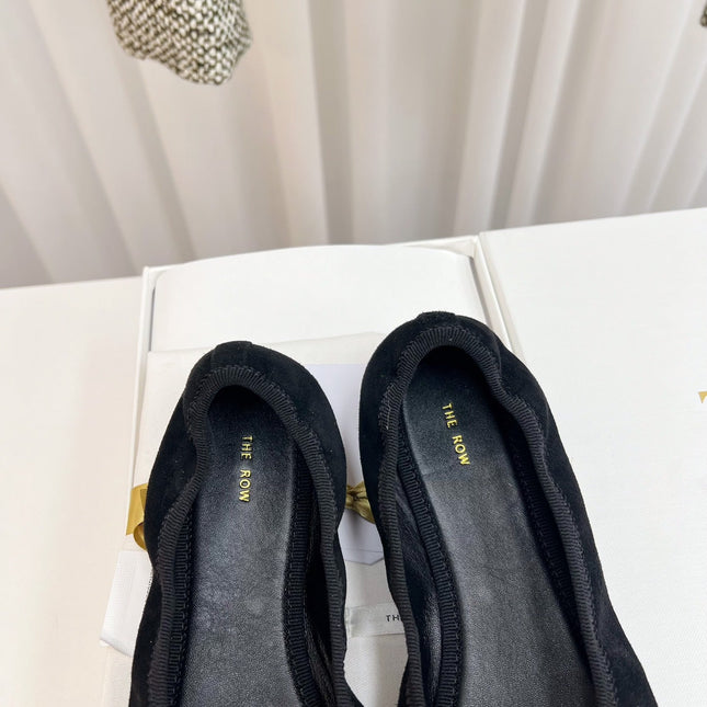 THE ROW 26S BALLET FLATS IN BLACK SUEDE ELASTIC TRIM WITH BOW
