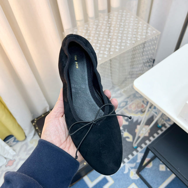 THE ROW 26S BALLET FLATS IN BLACK SUEDE ELASTIC TRIM WITH BOW