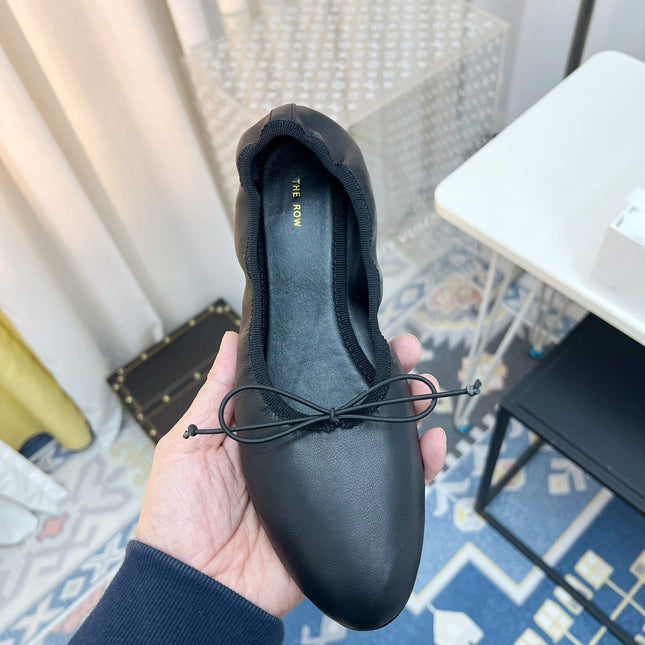 THE ROW 26S BALLET FLATS IN BLACK CALFSKIN ELASTIC TRIM WITH BOW