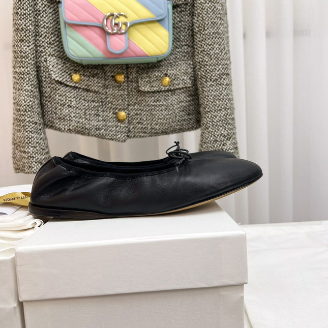 THE ROW 26S BALLET FLATS IN BLACK CALFSKIN ELASTIC TRIM WITH BOW