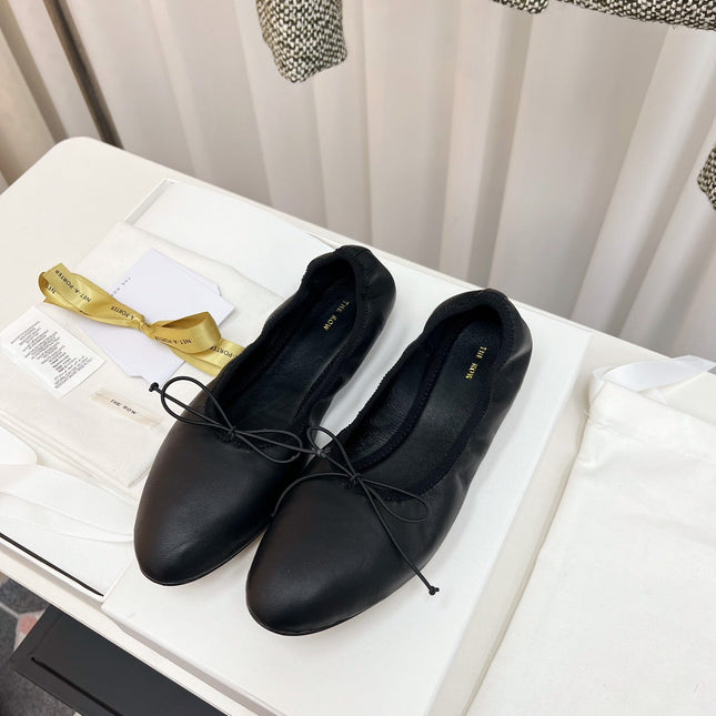 THE ROW 26S BALLET FLATS IN BLACK CALFSKIN ELASTIC TRIM WITH BOW