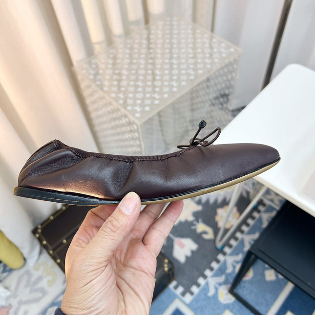 THE ROW 26S BALLET FLATS IN DARK BROWN CALFSKIN ELASTIC TRIM WITH BOW