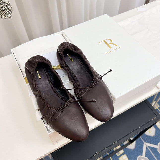 THE ROW 26S BALLET FLATS IN DARK BROWN CALFSKIN ELASTIC TRIM WITH BOW