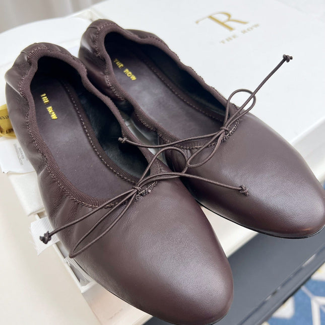 THE ROW 26S BALLET FLATS IN DARK BROWN CALFSKIN ELASTIC TRIM WITH BOW