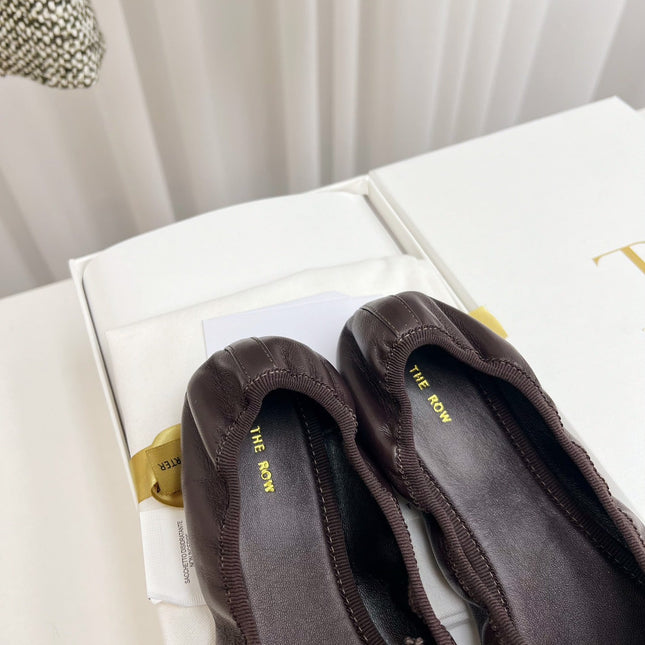 THE ROW 26S BALLET FLATS IN DARK BROWN CALFSKIN ELASTIC TRIM WITH BOW