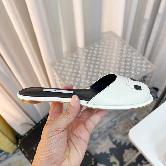 THE ROW 26S PIXEL APPLIQUE MULES IN IVORY WHITE CALFSKIN