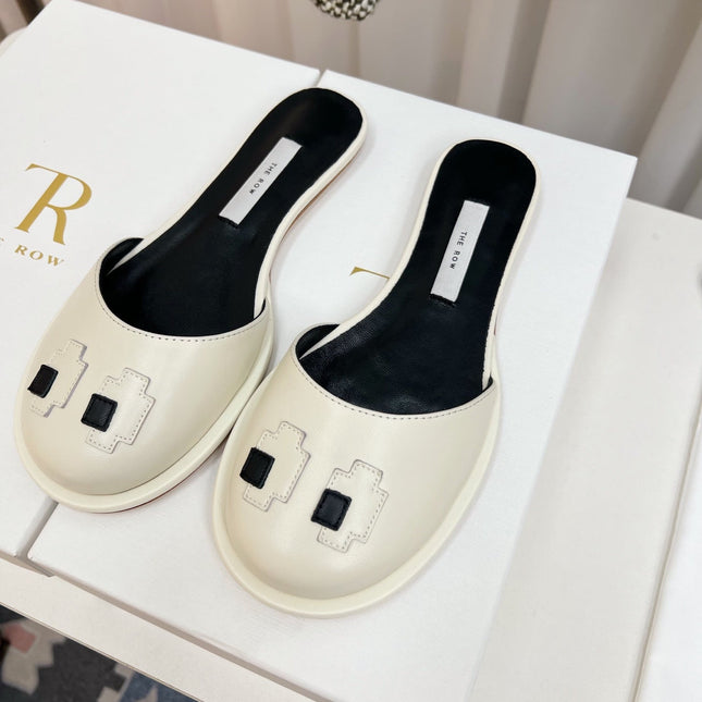 THE ROW 26S PIXEL APPLIQUE MULES IN IVORY WHITE CALFSKIN