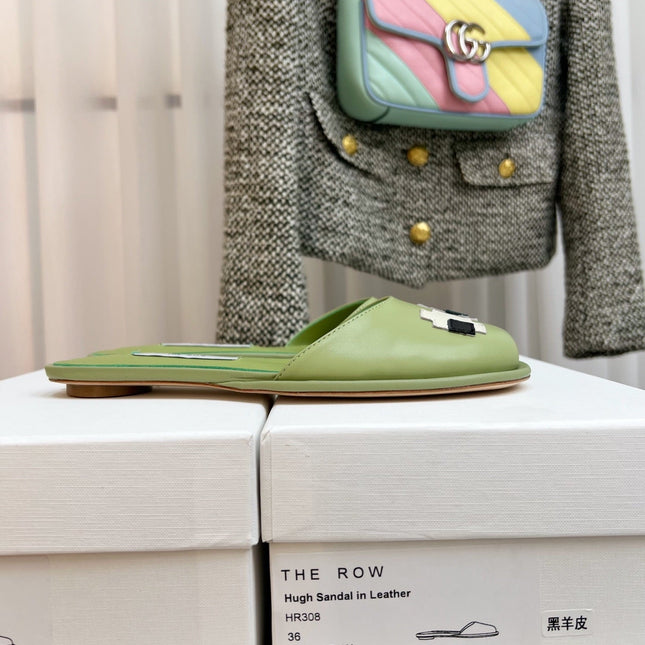 THE ROW 26S PIXEL APPLIQUE MULES IN PISTACHIO GREEN CALFSKIN