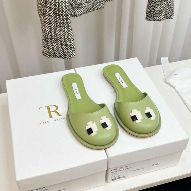THE ROW 26S PIXEL APPLIQUE MULES IN PISTACHIO GREEN CALFSKIN